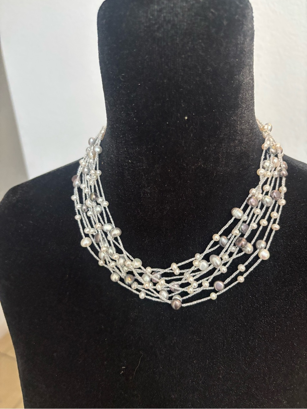 Multi-Strand Silver Pearl Choker Necklace